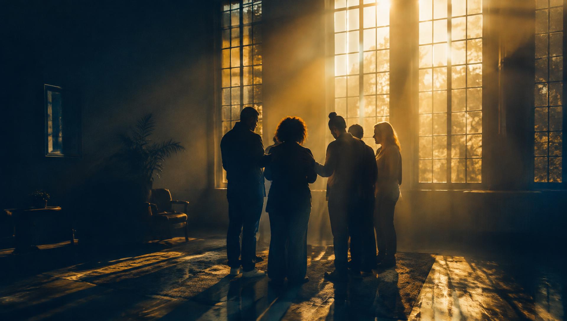 A small group gathered in prayer as morning light streams through tall windows